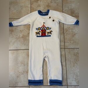 Classic Prep White & Blue Carousel Knit Long Sleeve Romper | 12–18M